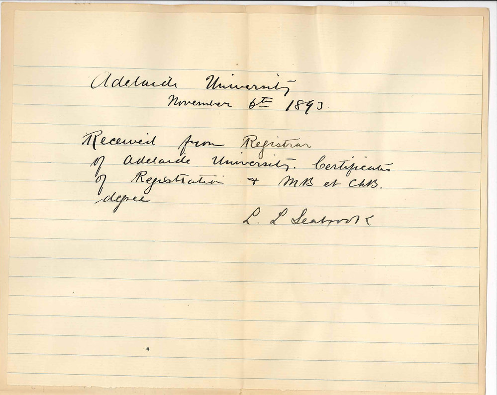 Leonard Llewellyn Seabrook - The University - Acknowledges Receipt of MB Certificates and Medical Registration