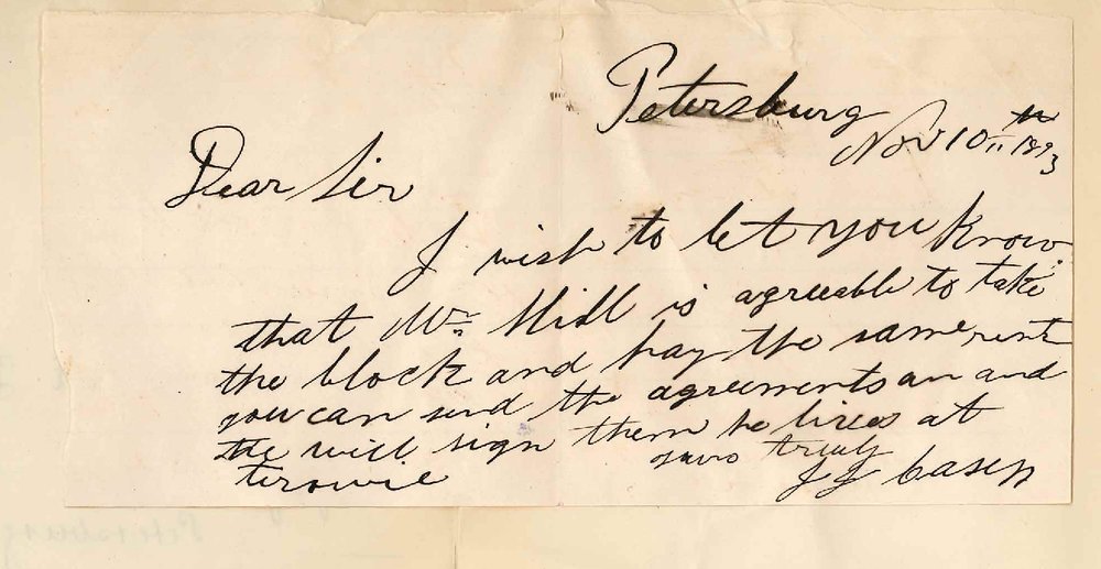 J J Casey - Petersburg - Mr Hill Agreeable to Take Block at Same Rent - Requests that Lease be Sent to Mr Hill to Sign