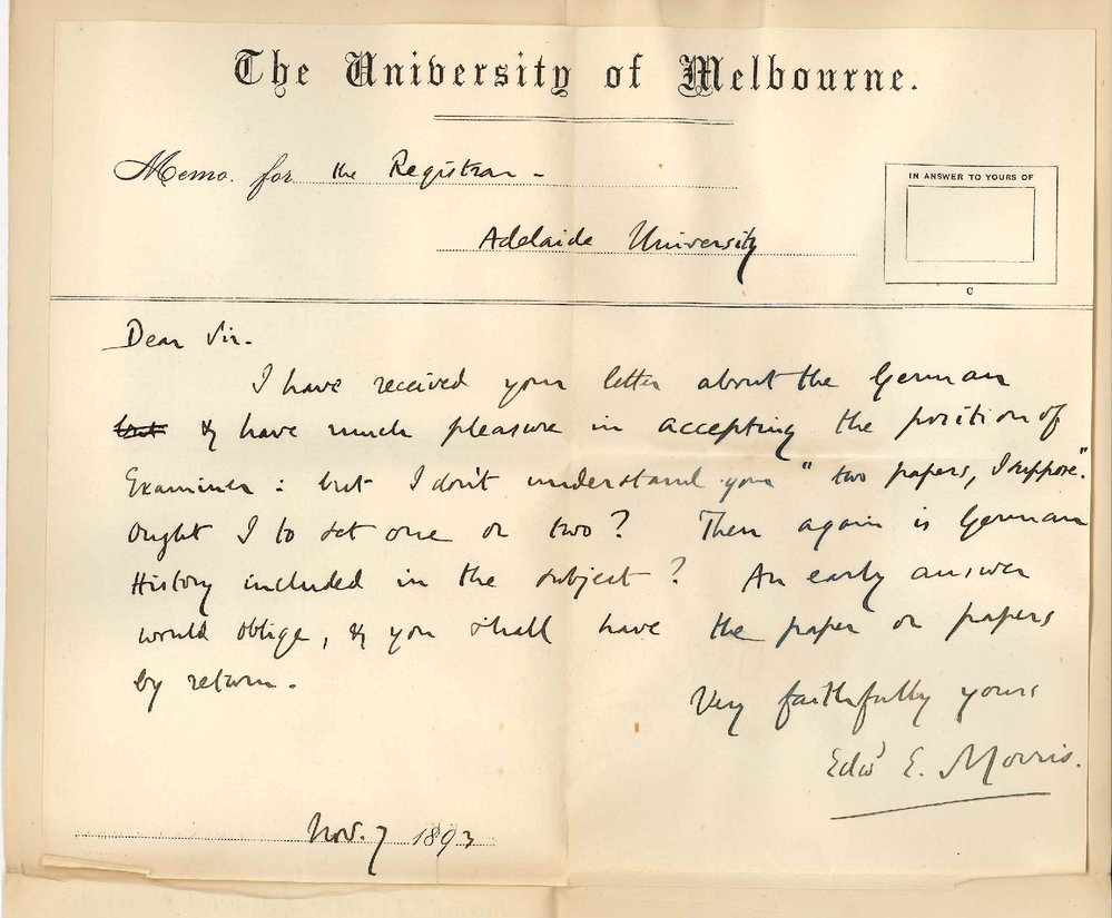 Professor Edward E Morris - The University of Melbourne - Act as Examiner in German A Public Exam November 1893