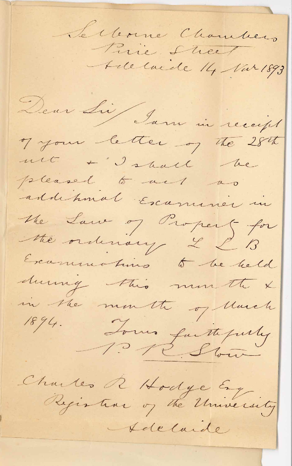Percival Randall Stow - Selbourne Chambers - Pirie Street Adelaide - Act as Examiner Law of Property November 1893 and March 1894