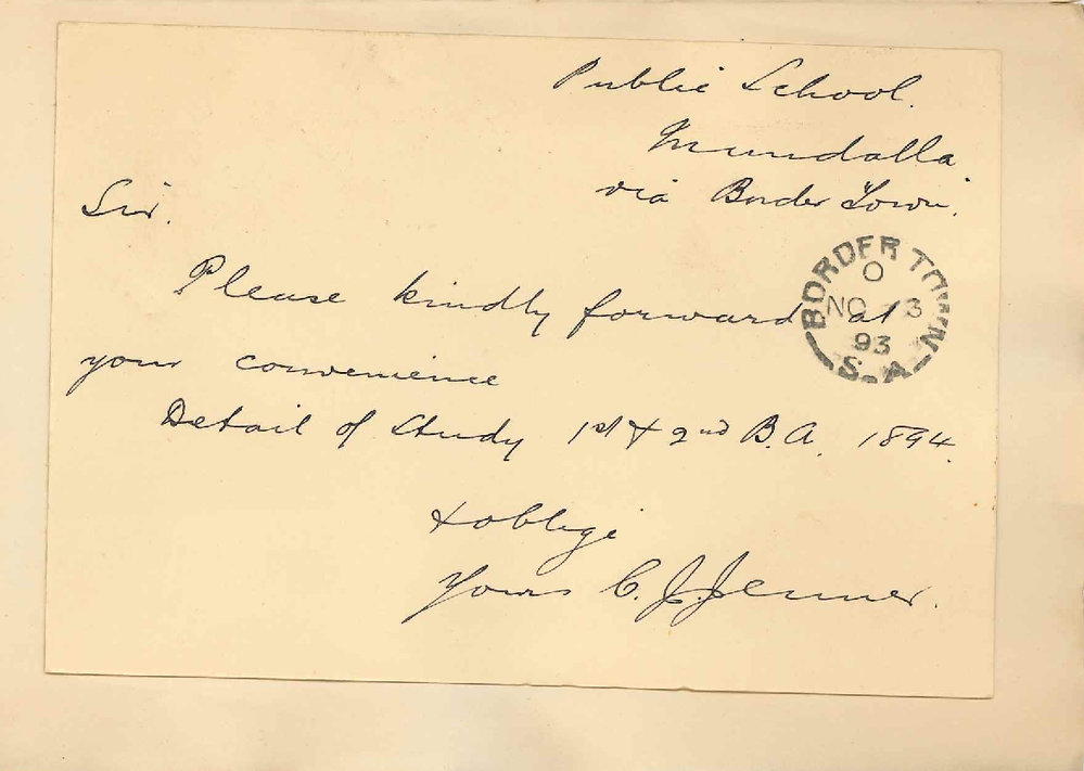 C J Jenner - Mundalla Public School - Details of Subjects BA Course 1894