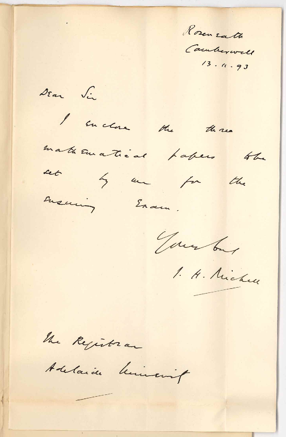 J H Michell - Camberwell Victoria - Forwarding Exam Papers