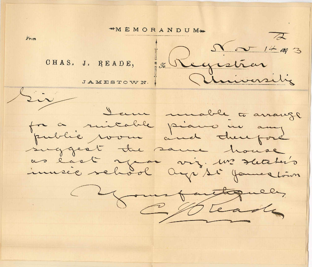 Charles J Reade - Jamestown - Suggests Same Room as Last Year for Public Examination in Practice of Music at Jamestown