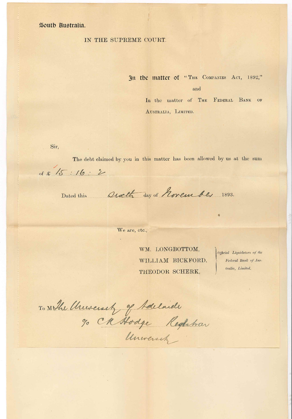 Official Liquidators - Federal Bank of Australia - Allowance of Claim Charles Hack