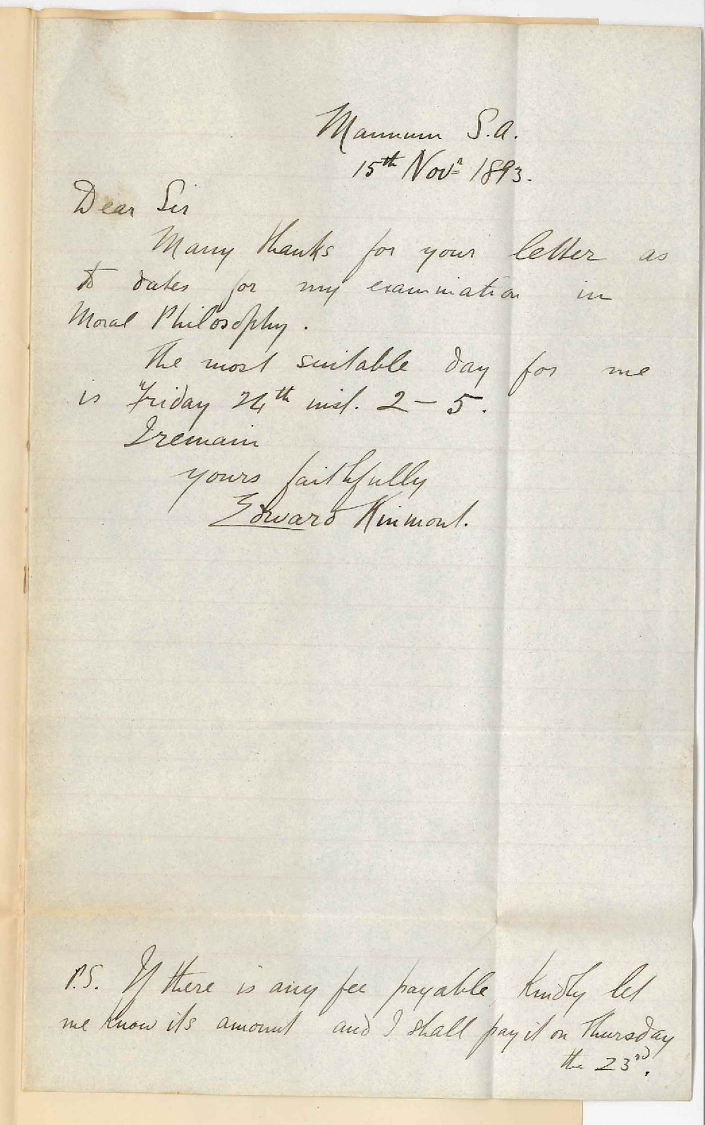 Edward Kinmont - Mannum - Date for Examination in Mental and Moral Philosophy