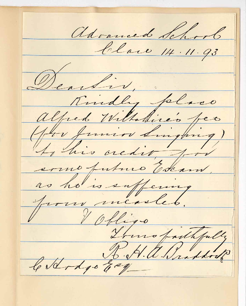 R H A Braddock - Advanced School Clare - Withdraws the Name of Alfred Wiltshire from List of Candidates for Local Exam Practice of Music 1893