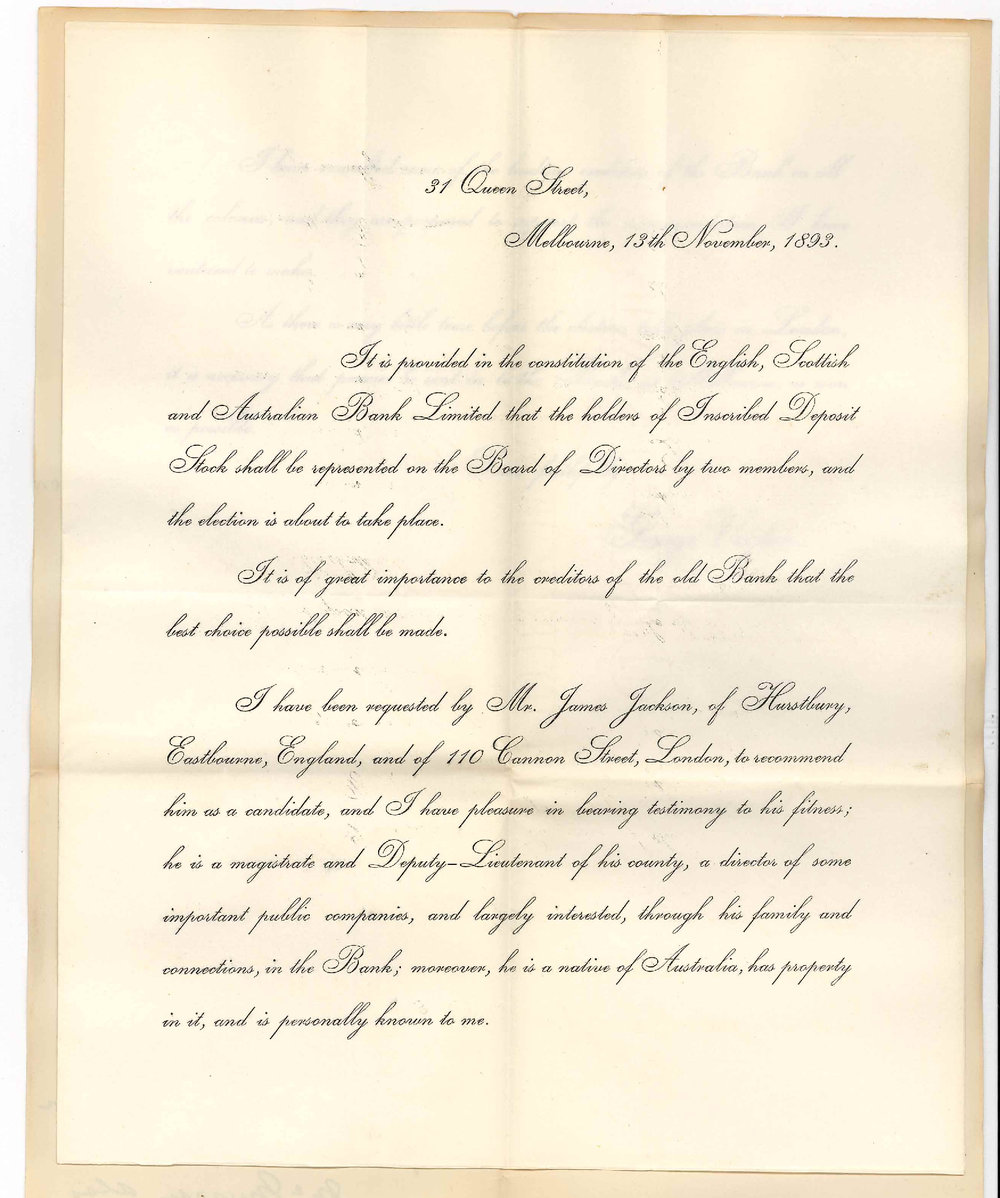 Sir George Verdon - Queen Street Melbourne - Recommending Mr James Jackson as Candidate Board Directors English Scottish and Australian Bank Ltd