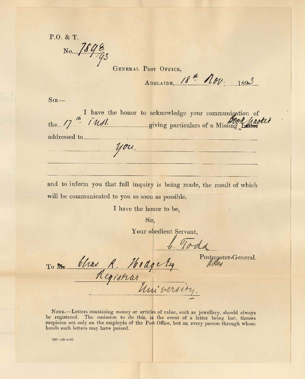Sir C Todd - Postmaster General - General Post Office Adelaide - Regarding Missing Copy of Faust