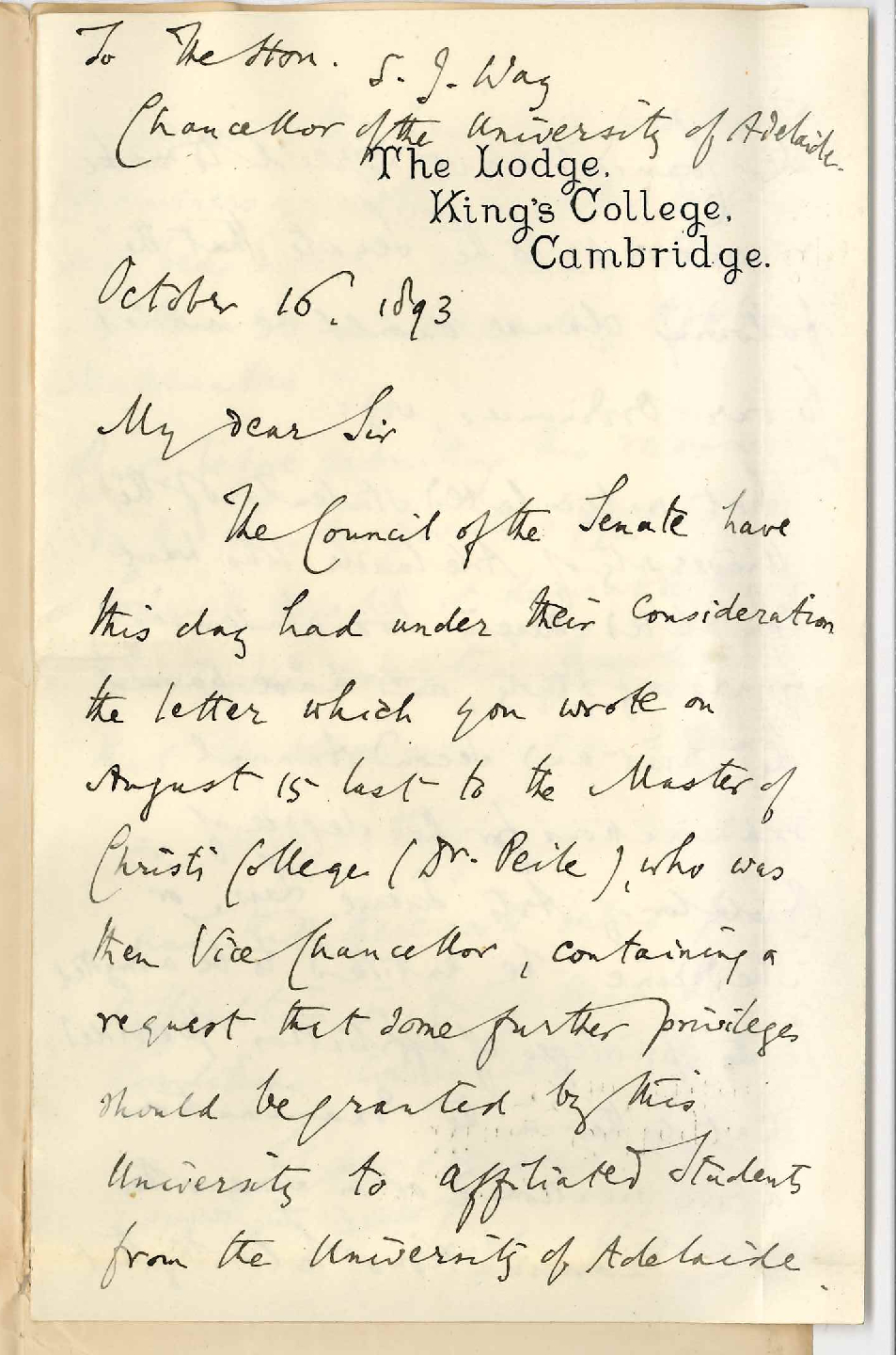 Augustus Austen Leigh - Vice Chancellor - Kings College Cambridge - Regarding Affiliation with University of Cambridge
