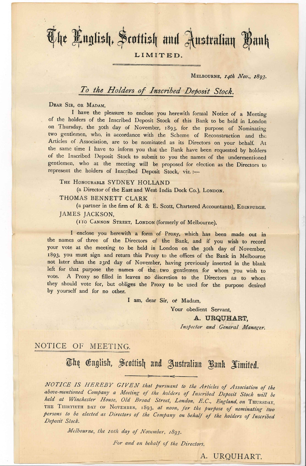 A Urquhart - Inspector and General Manager - English Scottish and Australian Bank Limited - Melbourne - Regarding Nomination of Two Directors on Behalf of Holders of Inscribed Stock