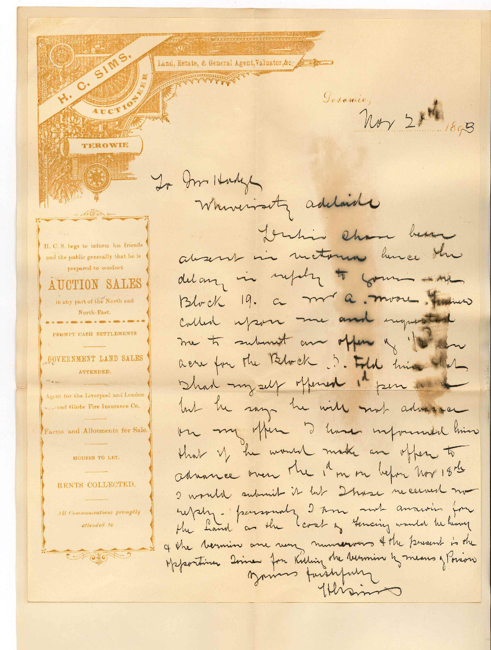 H C Sims - Terowie - Forwards Receipt Offer for Block 19 etc