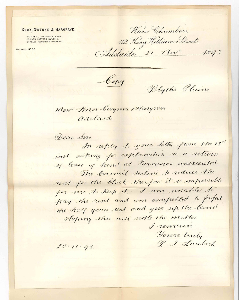 Knox Gwynne and Hargrave - King William Street Adelaide - Forward Leases for Execution by Council - Copy of Letter from P J Laubsch Forfeiting Half Years Rent and Giving Up Land
