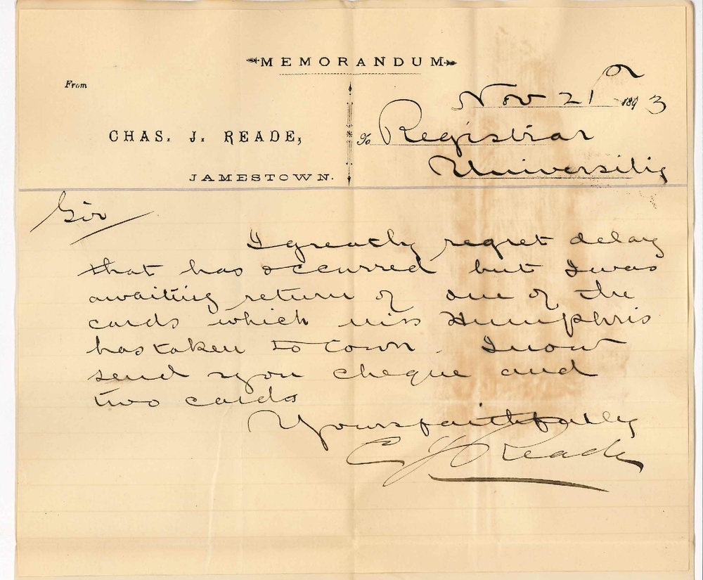 Charles J Reade - Jamestown - Forwards Expenses for Local Public Exam Practice of Music &pound;3-3