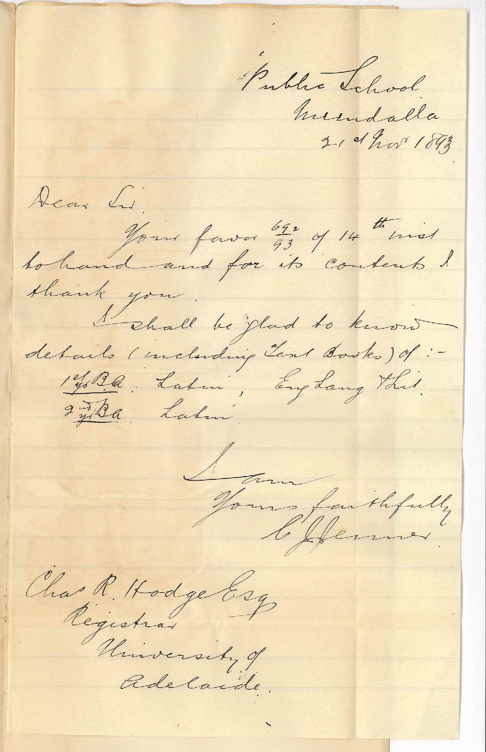 C J Jenner - Public School Mundalla - Requests Details of Subjects