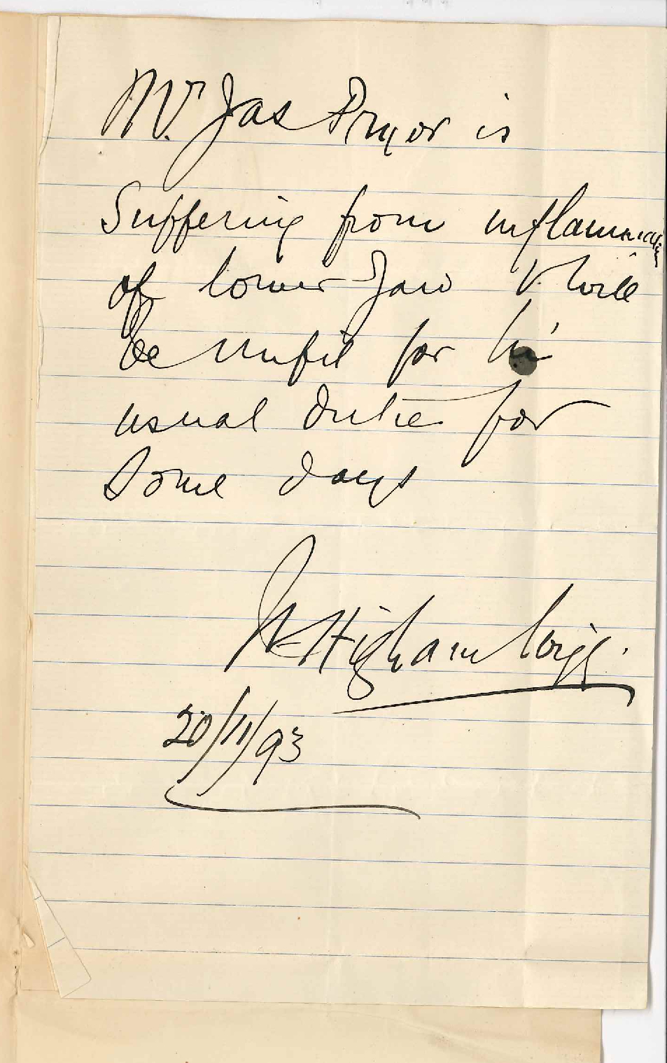 James Pryor - Goodwood West - Withdraws from Higher Public Examination November 1893 on Account of Illness - Wishes Fee to Stand in Credit