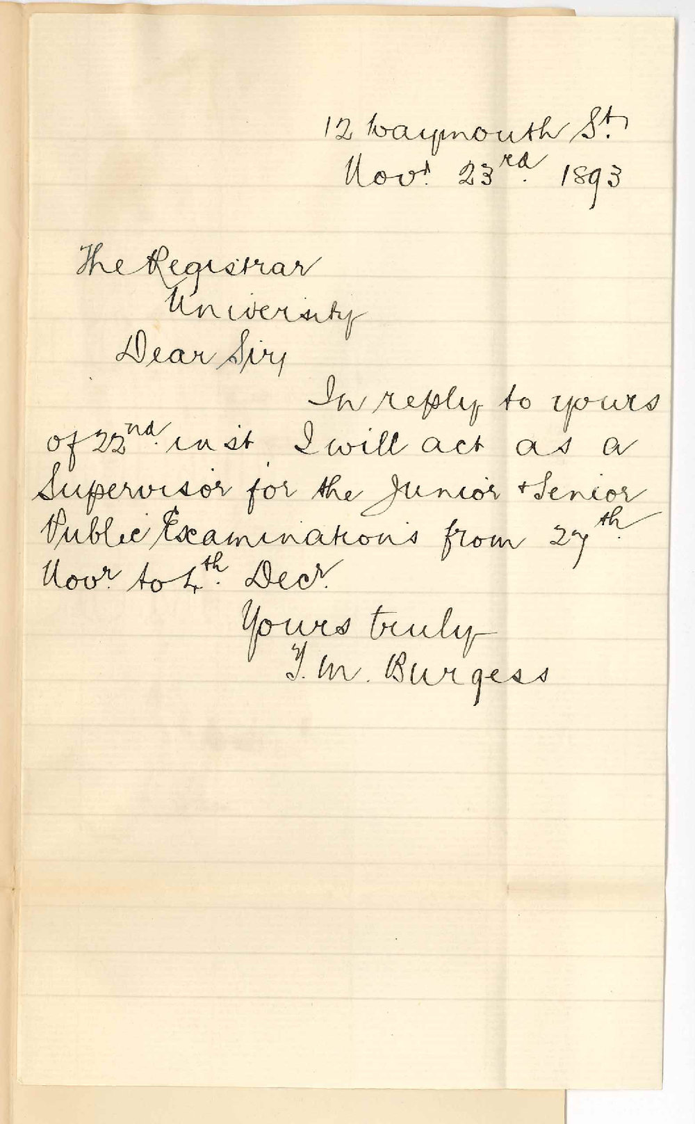 Thomas Martin Burgess - Waymouth Street Adelaide - Will Act as Supervisor for the Junior and Senior Public Examinations November 1893