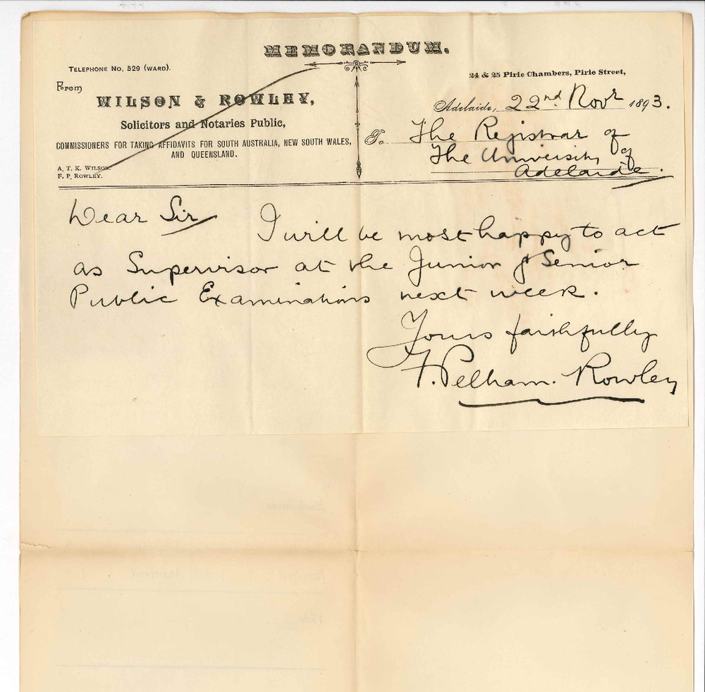 Frederick Pelham Rowley - Pirie Chambers - Pirie Street Adelaide - Will Act as Supervisor Junior and Senior Public Examinations November 1893