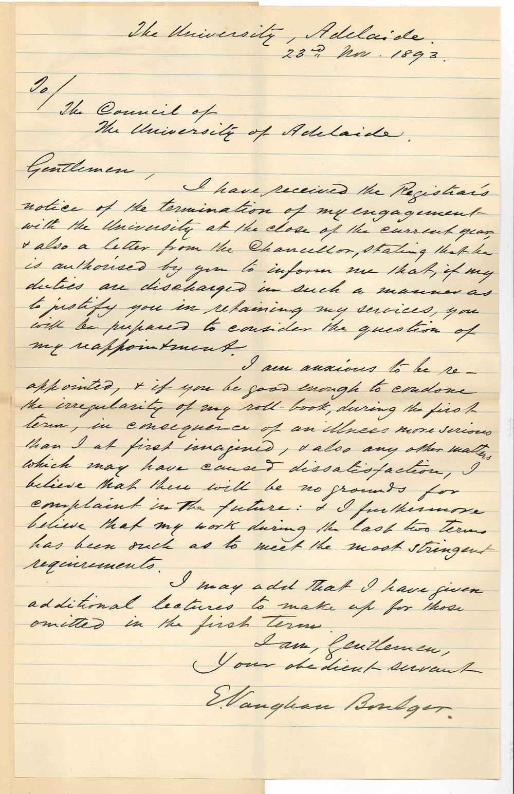 Professor Edward Vaughan Boulger - The University - Concerning his Re-Appointment to the Chair of English Language and Literature