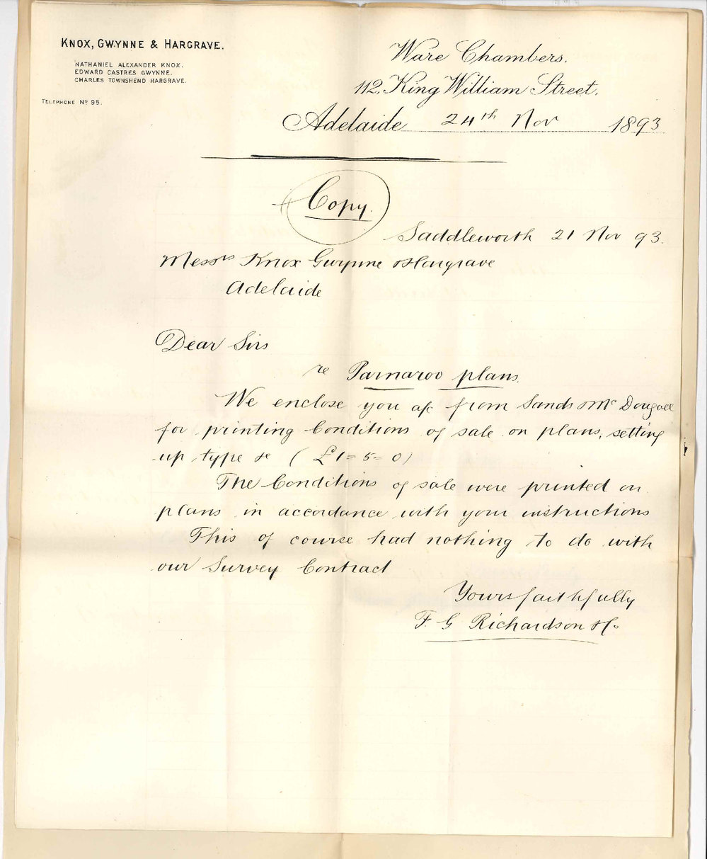 Knox Gwynne and Hargrave - King William Street Adelaide - Regarding Costs of Printing Conditions of Sale on Litho Plans of Parnaroo Leases etc