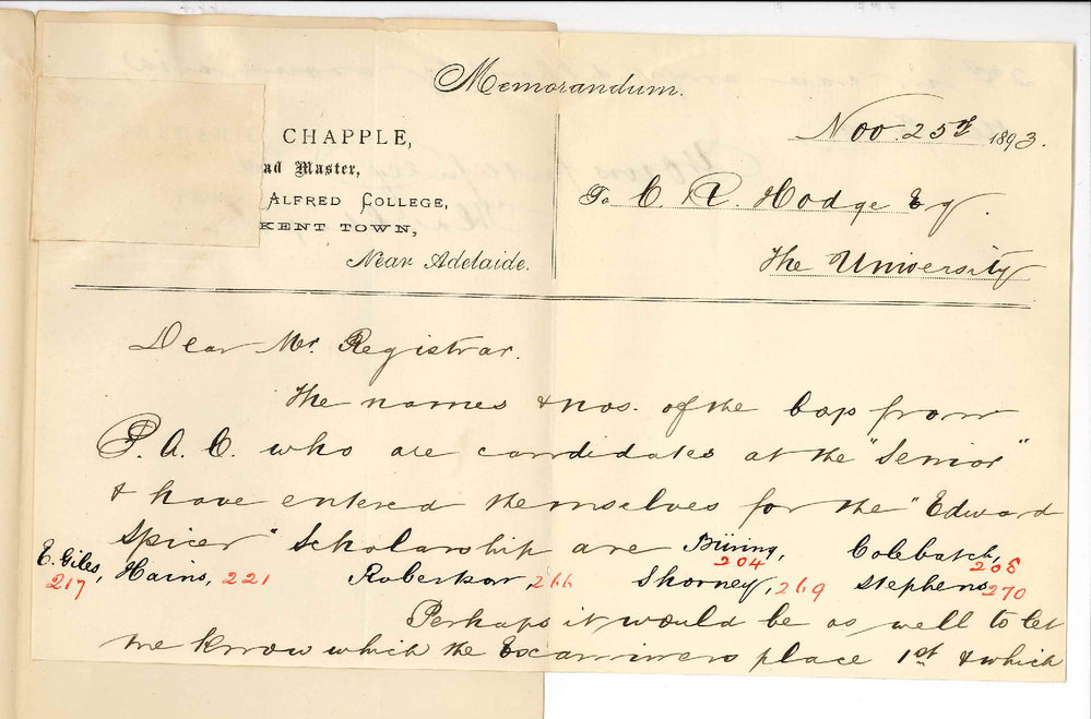 Frederic Chapple - Prince Alfred College Kent Town - Wishes the Names of the Two Best Boys in the Senior Public Exam 1893