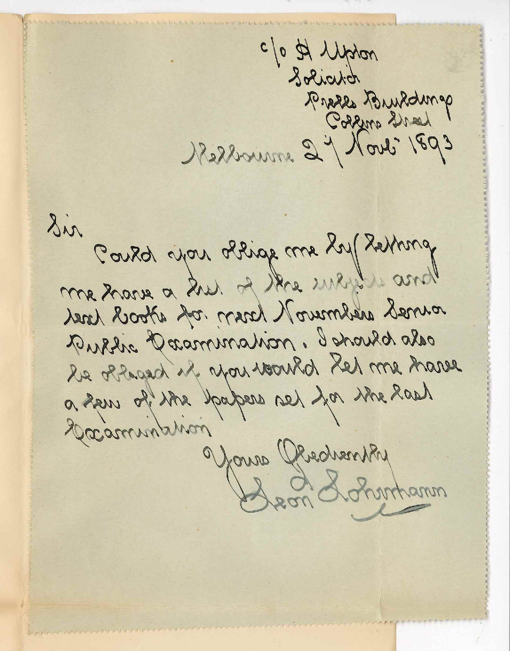 Leon Lohrmann - Collins Street Melbourne - Requests Details of Subjects Senior Public Examination November 1894 - Copies of Papers Set for 1893