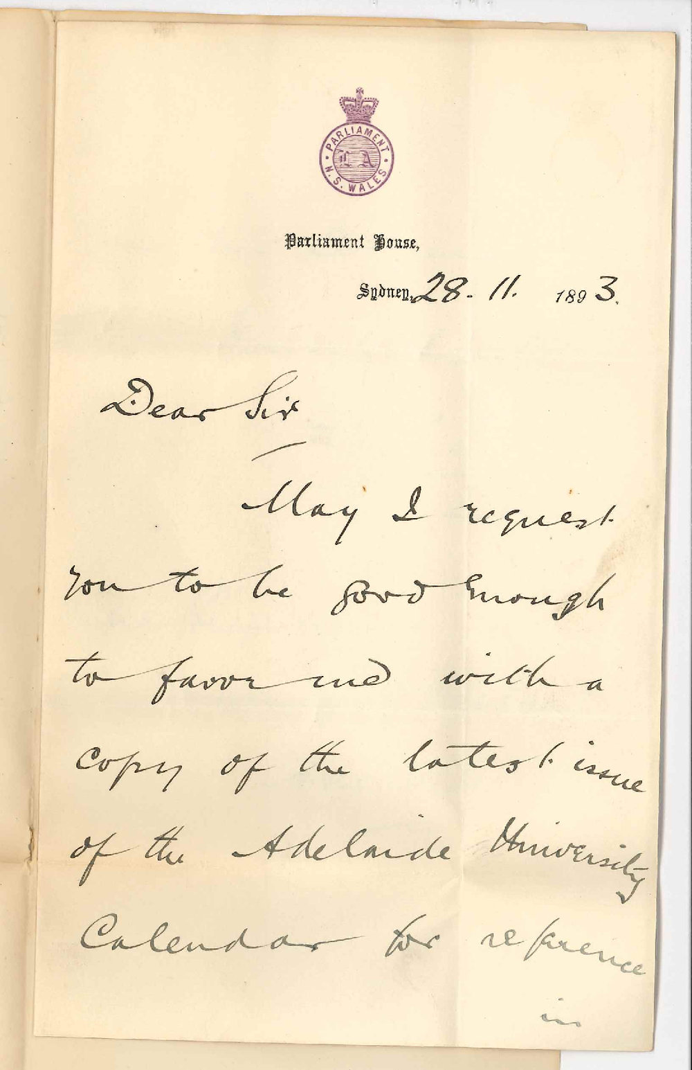 F Walsh - Librarian - Parliament House - Sydney - Requesting Copy Calendar