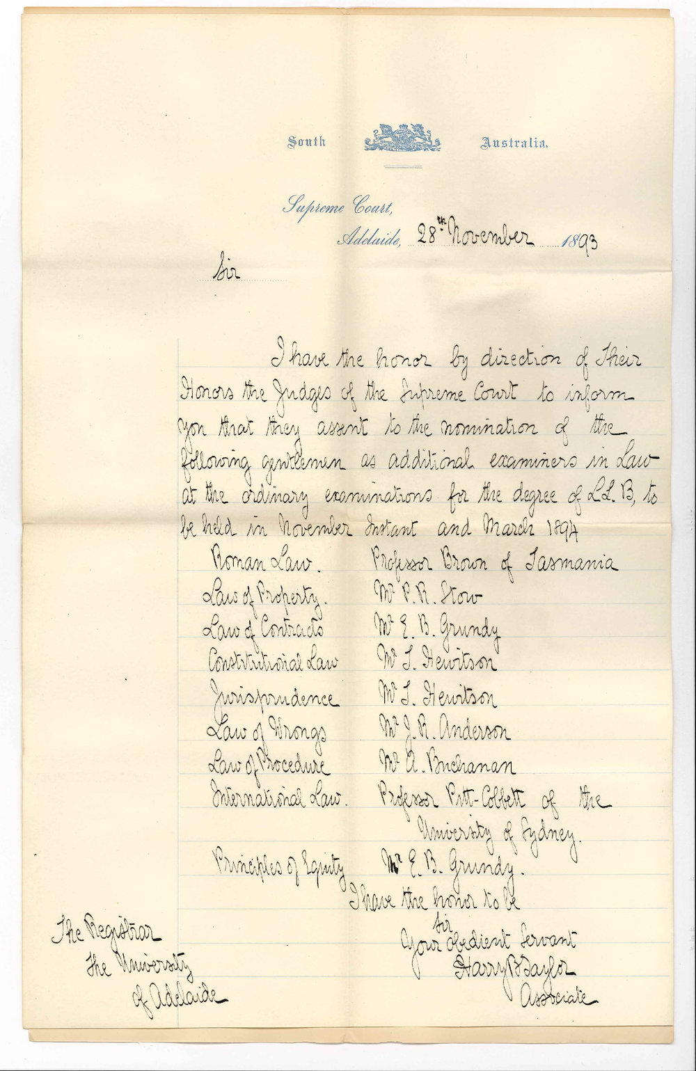 Harry B Taylor - Supreme Court Adelaide - Notifying the Judges of the Supreme Court Approve Additional Examiners in Law November 1893 March 1894
