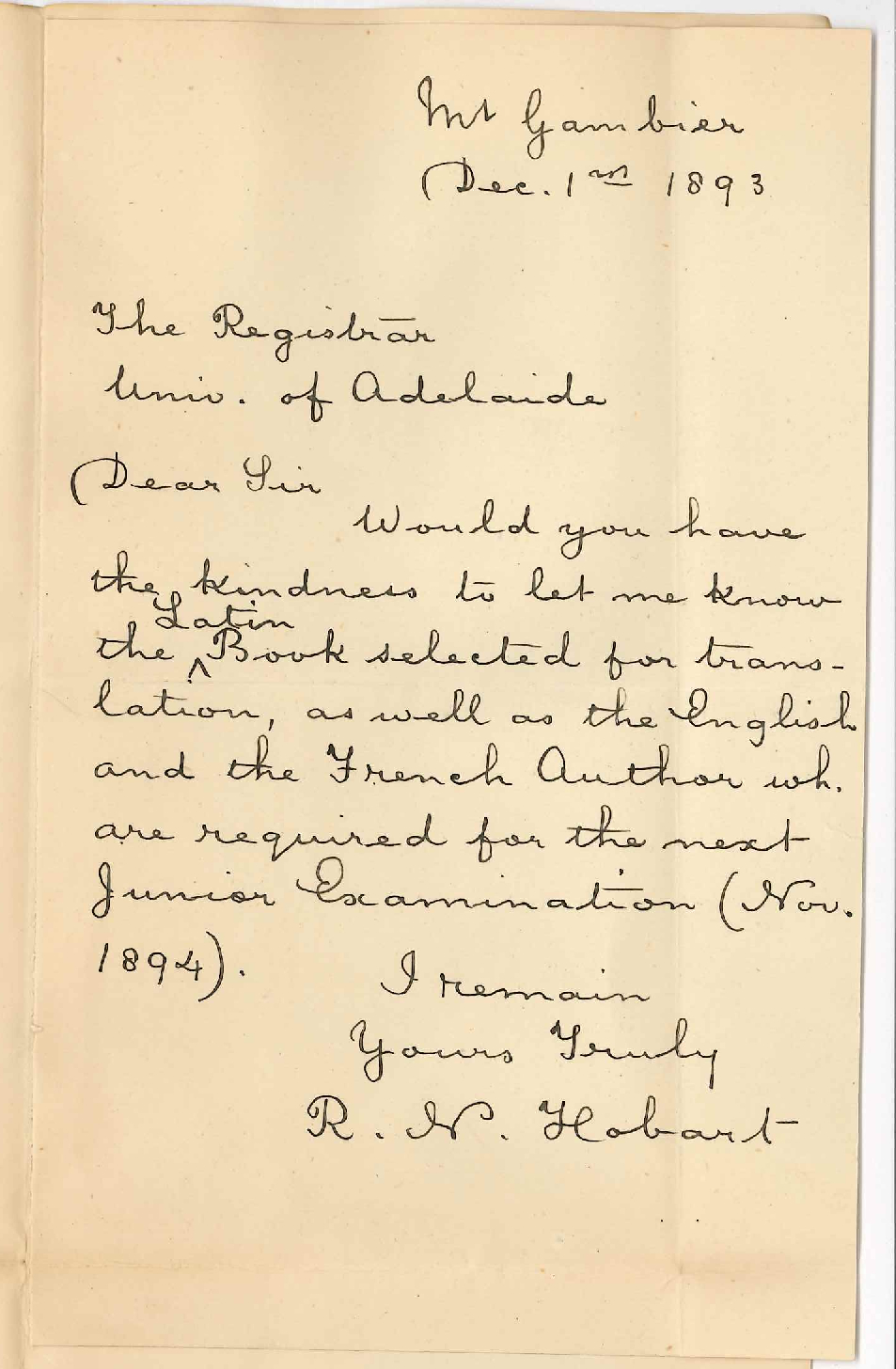 R N Hobart - Mount Gambier - Requests Information on Certain Textbook Set for Junior Examination in 1894