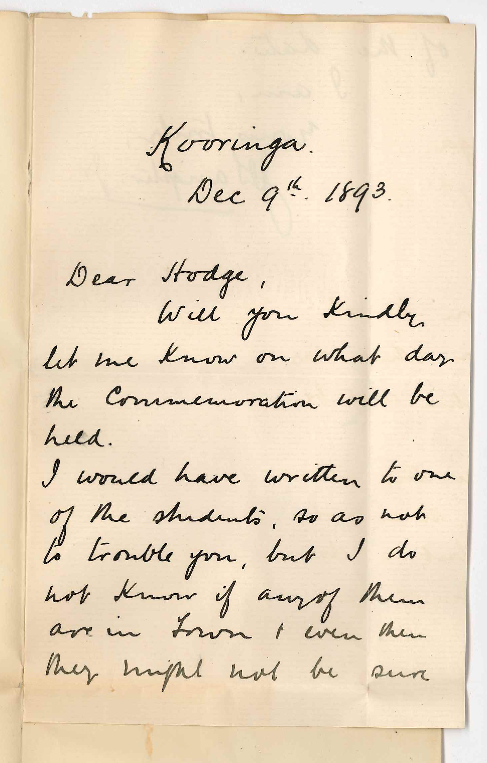 John Ikin Sangster Jnr - Kooringa - Wishes to Know Date of Commemoration 1893