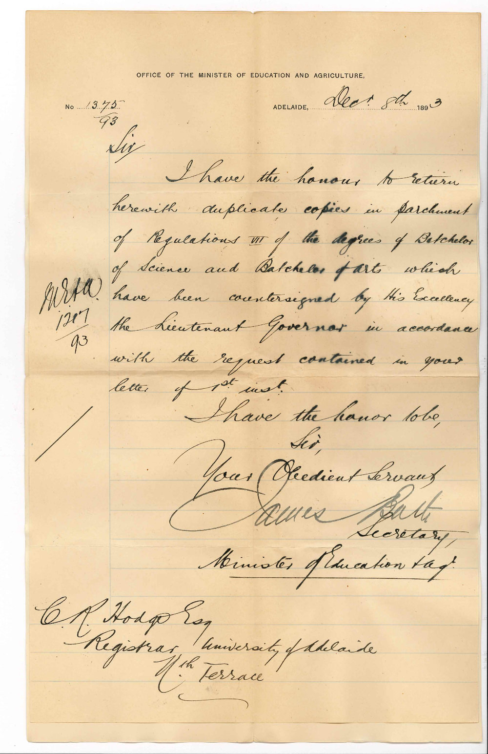 James Bath - Secretary - Office of the Minister of Agriculture and Education - Forwards New Regulations Countersigned by the Lieutenant Governor