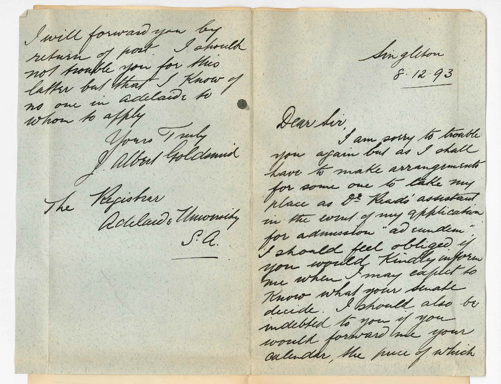 J Albert Goldsmid - Singleton New South Wales - Requests Copy Calendar etc