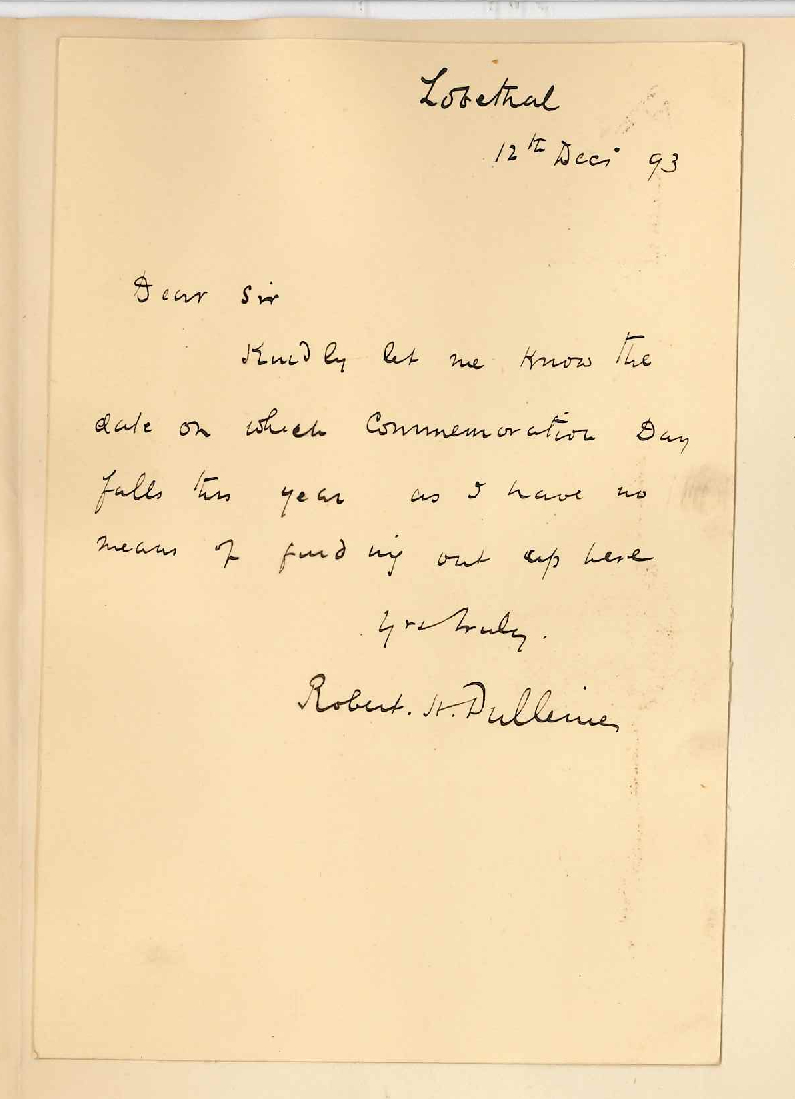 Robert H Pulleine - Lobethal - Wishes to Know Date of Commemoration 1893