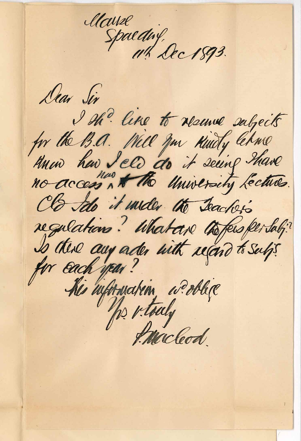 Reverend P Macleod - The Manse - Spalding - Information Higher Public Examination etc
