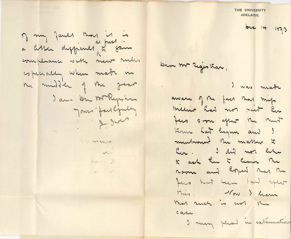 Professor Joshua Ives - The University - Report Regarding Miss Hillier Attending Lectures Not Having Paid Her Fees