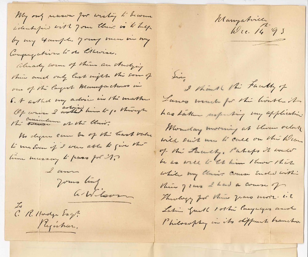 Reverend Alexander Wilson - Marryatville - Regarding Interview with Dean Faculty of Laws - Appointment of Time