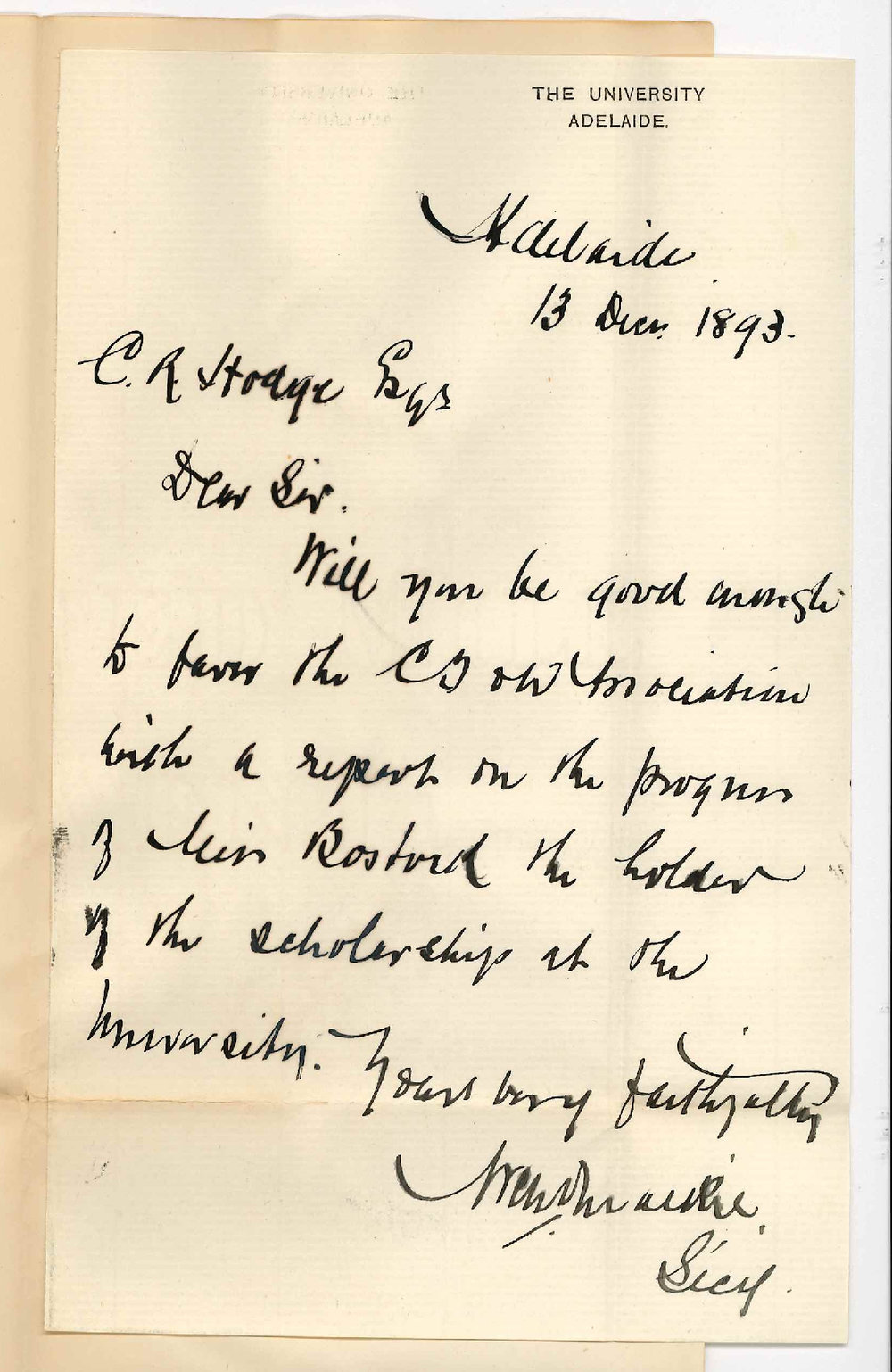 A Mackie - Secretary - South Australian Commercial Travellers Association - Adelaide - Wishes Report on Progress of Scholar Miss Jessie Bostock