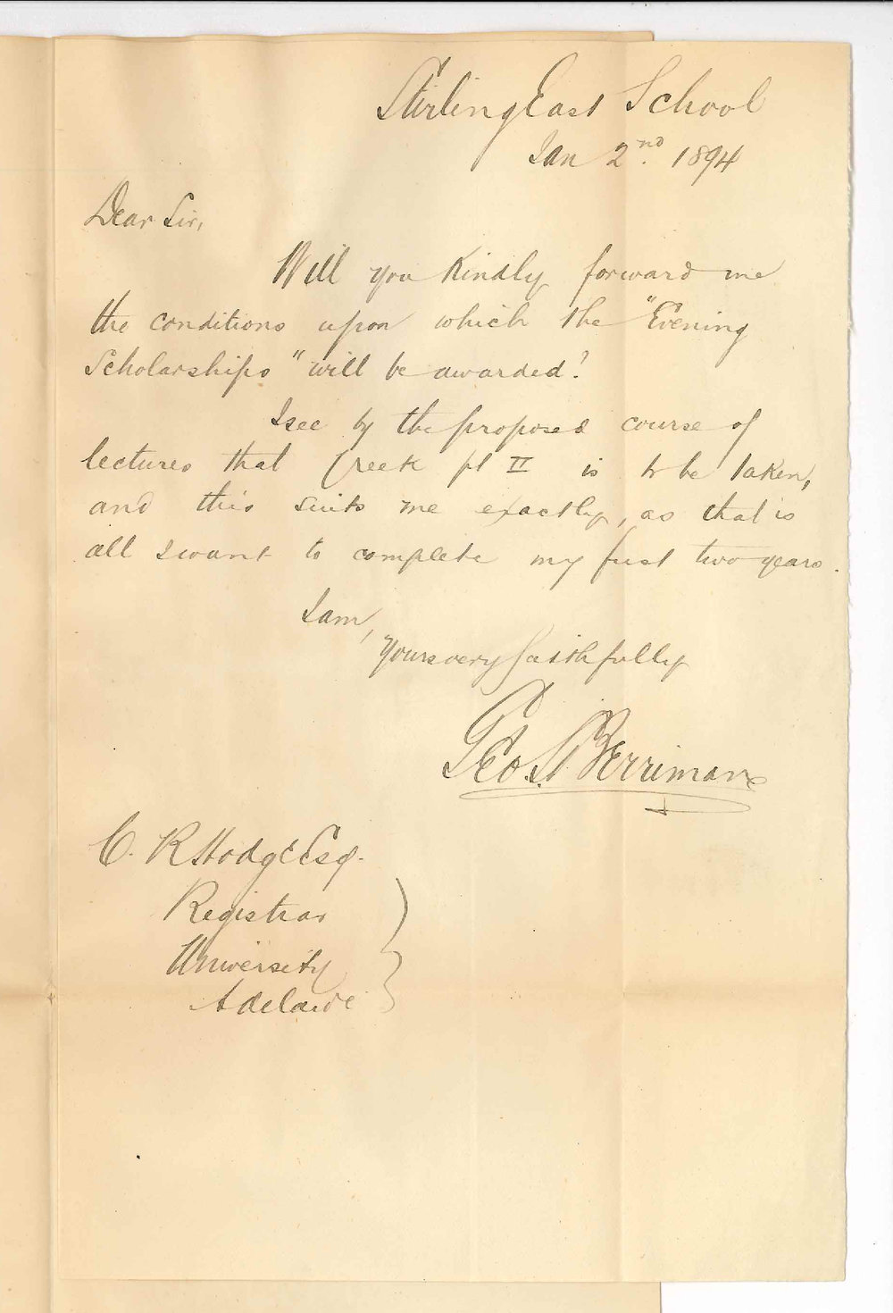 George S Berriman - Public School Stirling East - Request information re Evening Classes for 1894