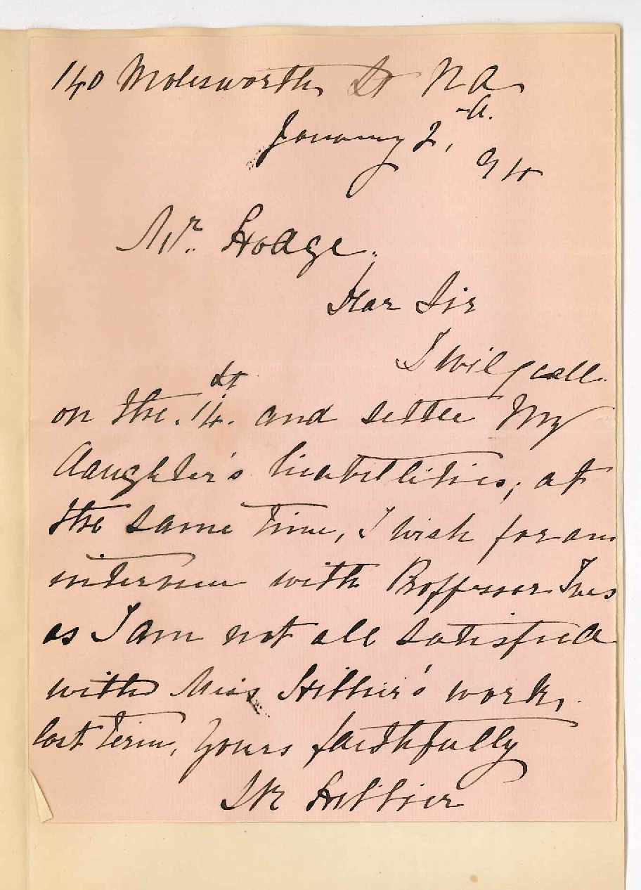 Mrs Hillier - 140 Molesworth Street North Adelaide - Promises to pay daughters Music fees on the 14th January 1894