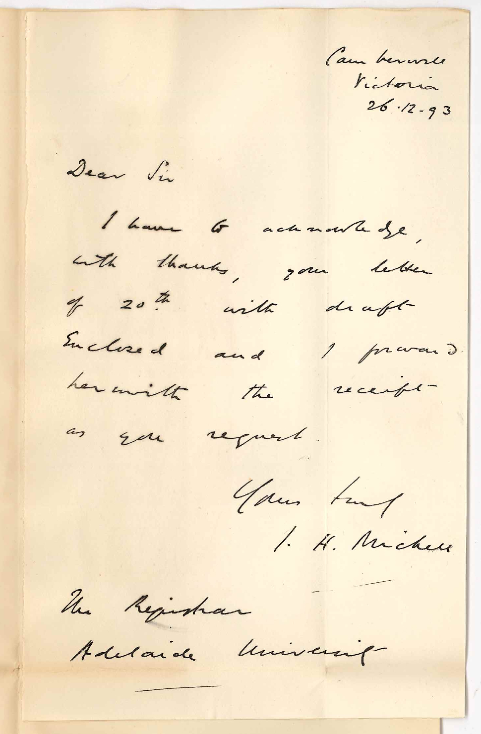 JH Michell - Camberwell Victoria - Receipt of Draft