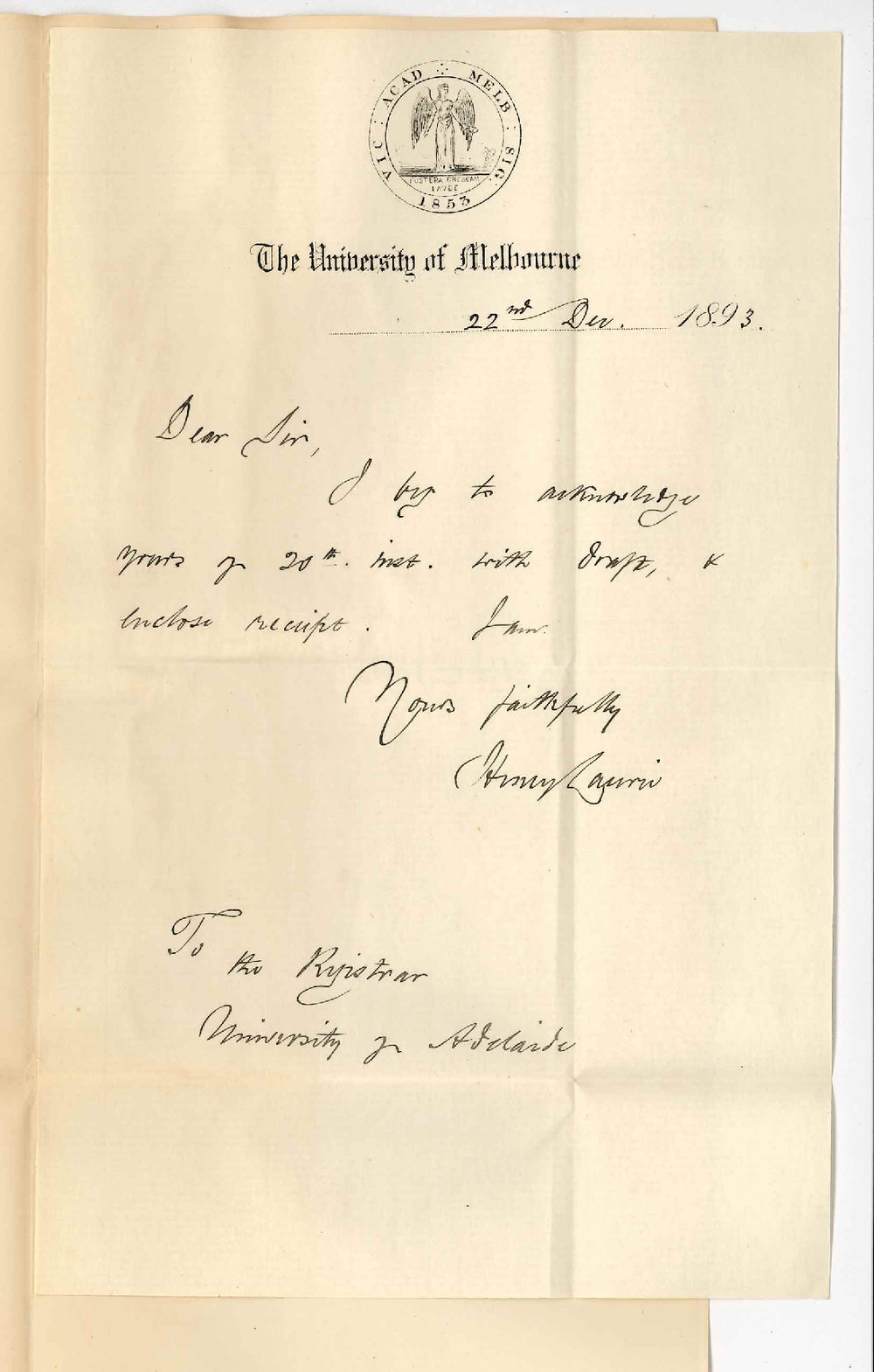 Professor Henry Laurie - University of Melbourne - Receipt of Draft