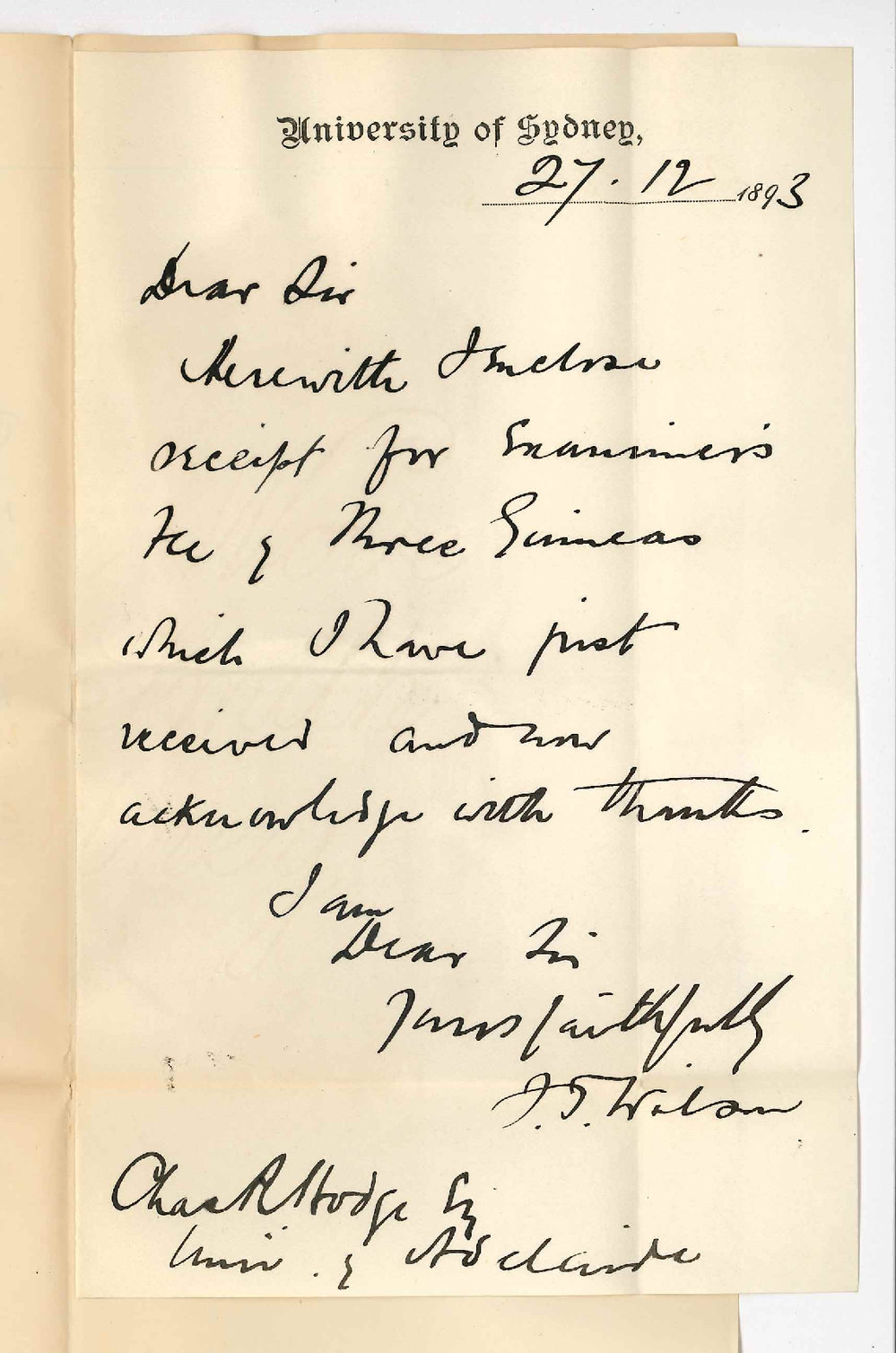 Professor JI Wilson - The University of Sydney - Receipt of Draft