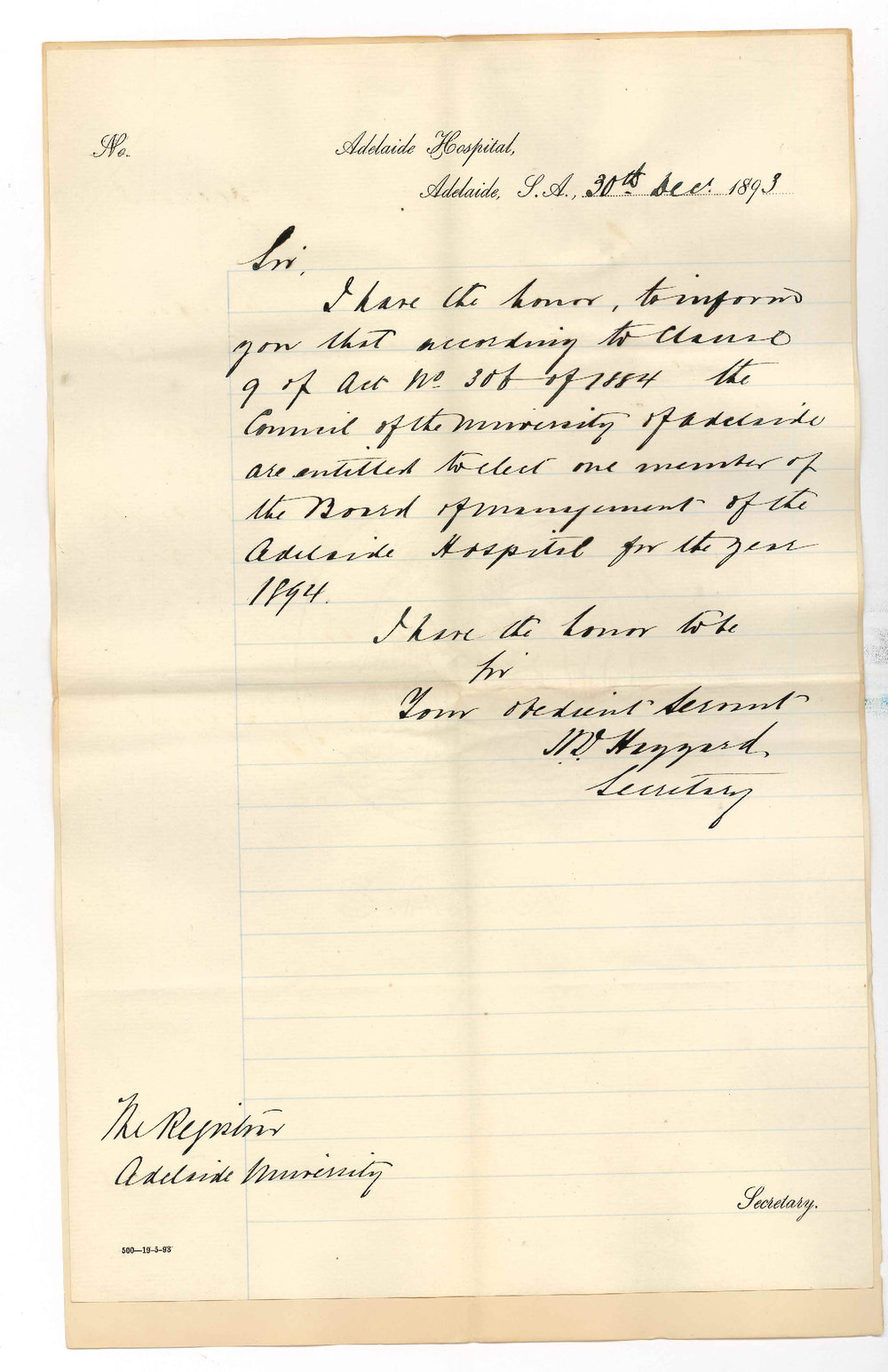 H D Haggard - Secretary - Adelaide Hospital - Election by Council of one member Board of Management of Hospital