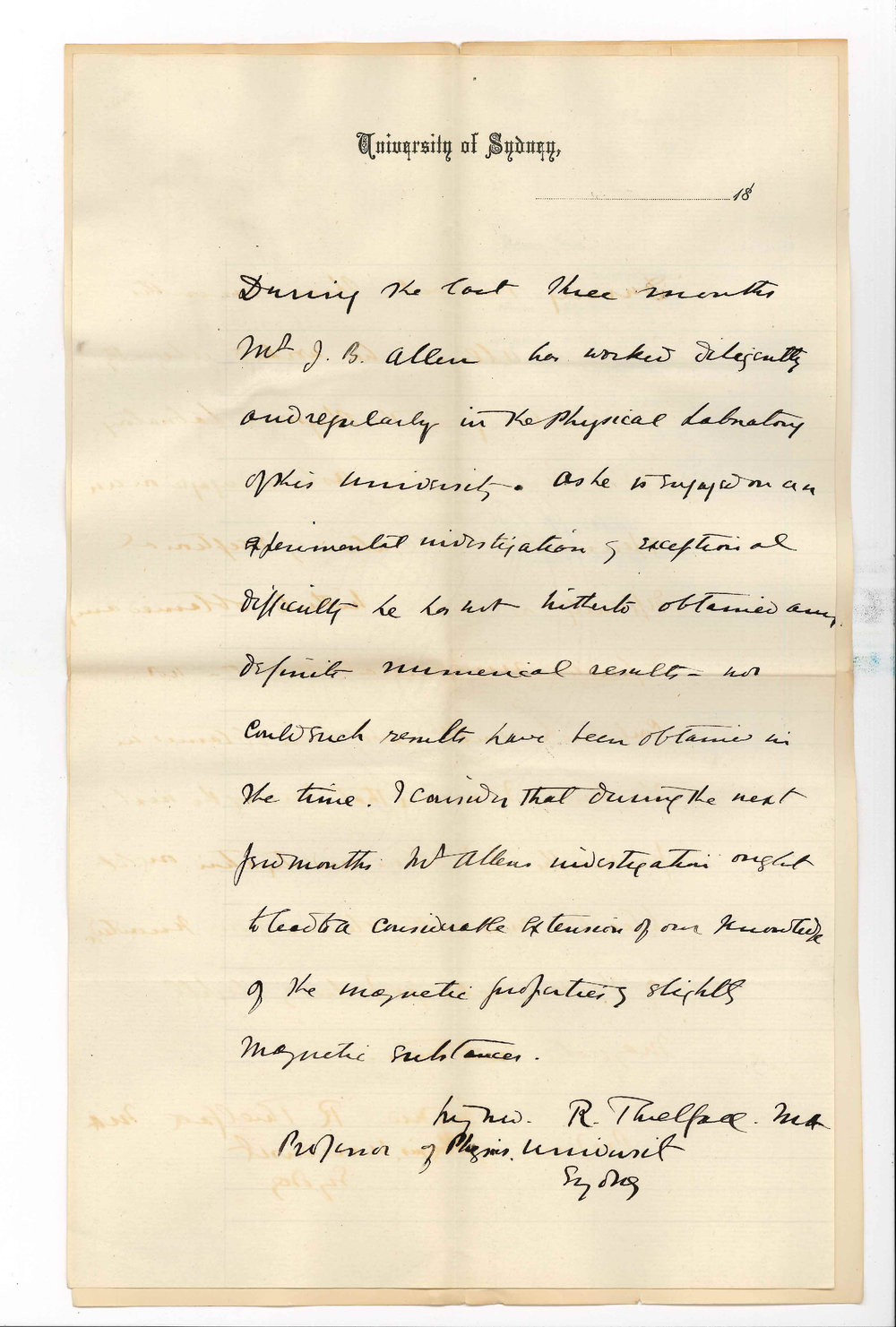 James Bernard Allen - University of Sydney - Forwards quarterly progress report from Professor Richard Threlfall