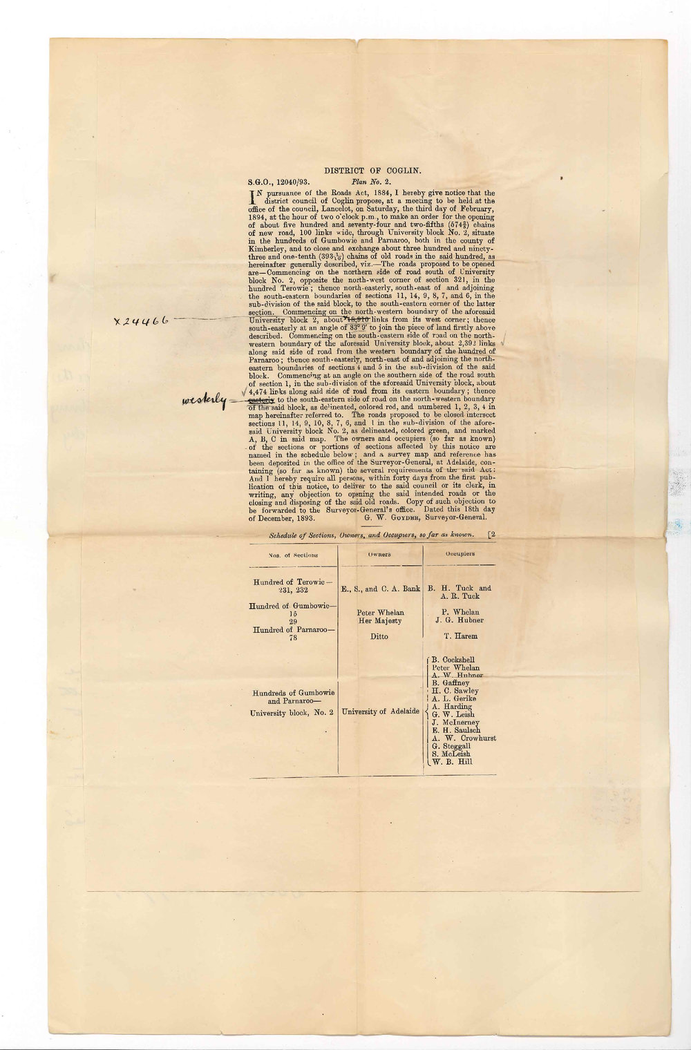 George Woodruffe Goyder - Surveyor General - District Council of Coglin propose to make an order for the opening of a road through University Block at Parnaroo on 3rd February