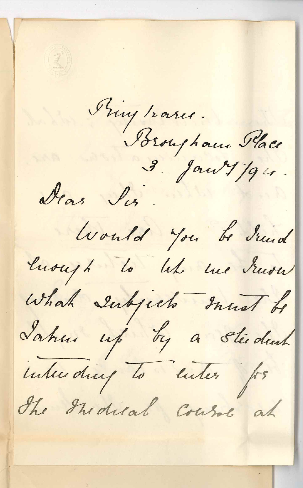 Mrs Alice N Browne - Brougham Place North Adelaide - Information regarding Medical Course