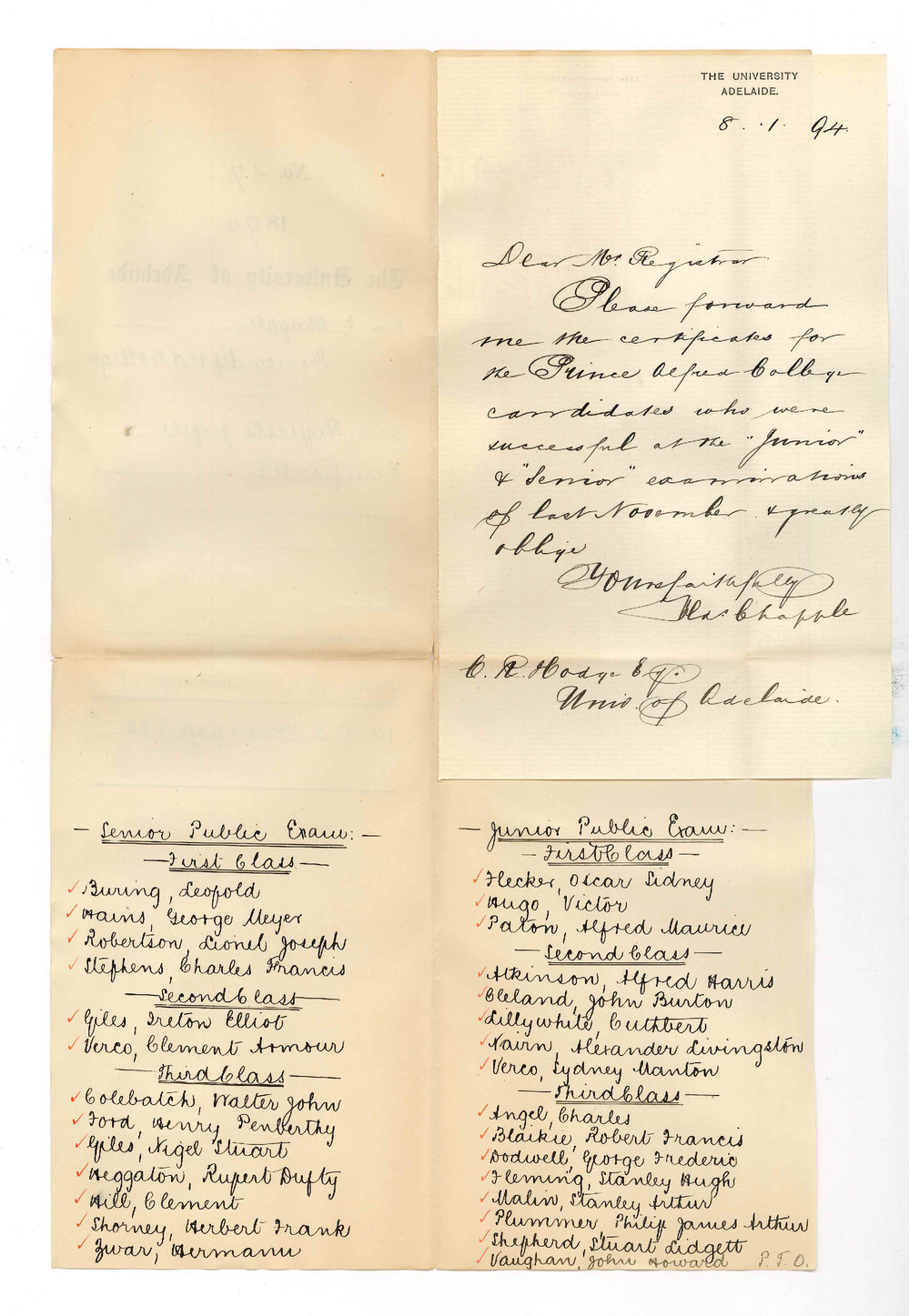Frederic Chapple - Prince Alfred College - Requests pupils Certificates