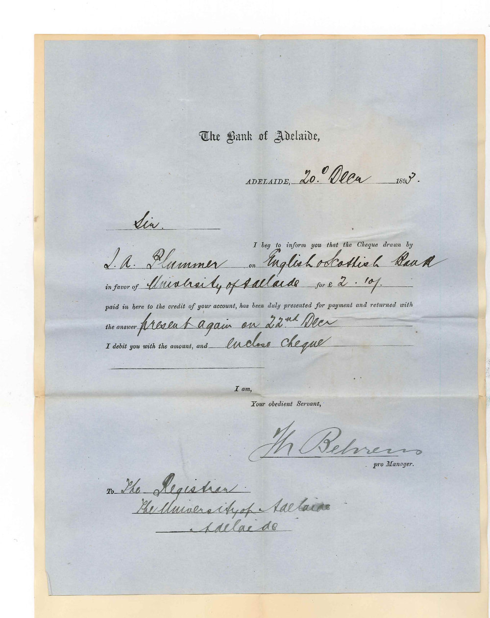 Bank of Adelaide - City - Forward cheque drawn by JA Plummer for &pound;2-10-0 on English &amp; Scottish Bank - Not negotiable until 22nd December
