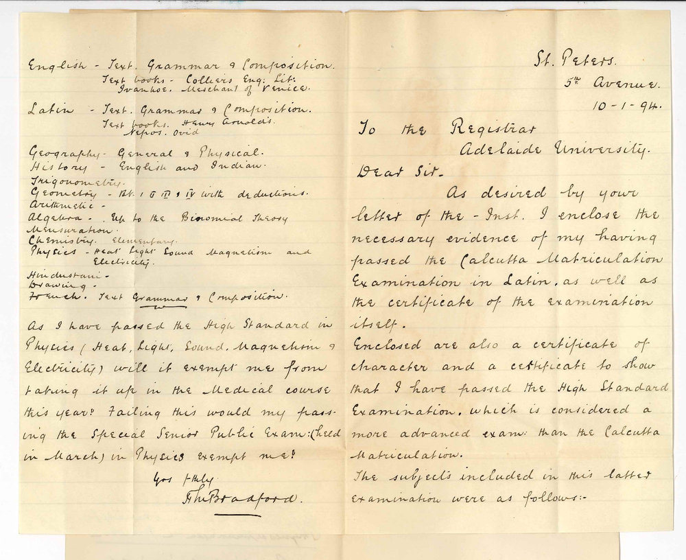 HM Bradford - 5th Avenue St Peters - Forwards Certificates of having passed High Standard Exam of Calcutta and wishes to be exempt from taking Physics in 1st year MB
