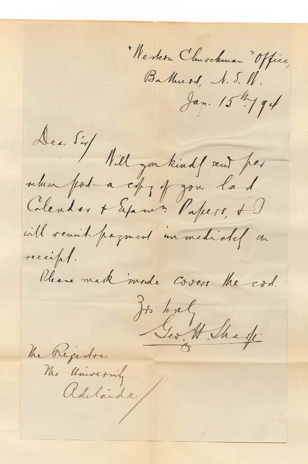 George H Sharp - Bathurst NSW - Requests copy of Calendar