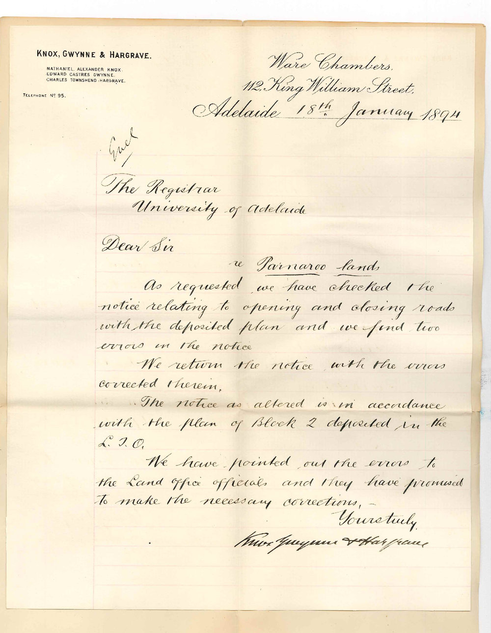 Knox Gwynne &amp; Hargrave - King William Street City - Errors in Notice relating to opening and closing of roads at Parnaroo